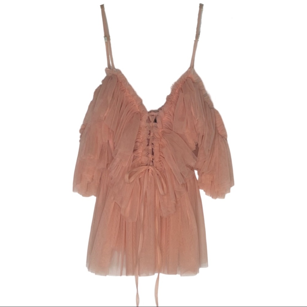 pink puffy tulle tank top with off the shoulder sleeves
